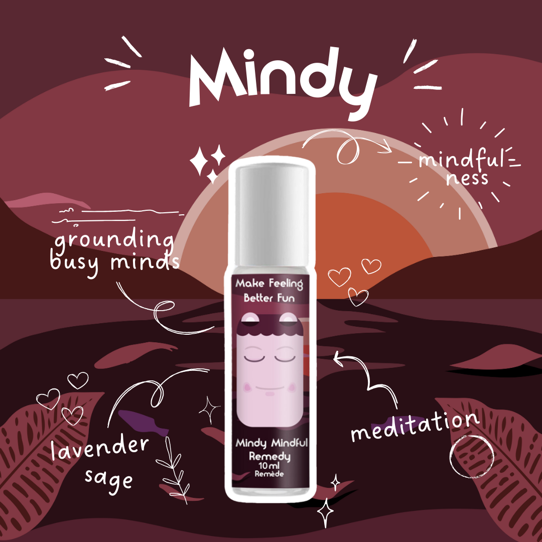 A essential oil roll-on labeled 'Mindy Mindful' with illustrations for mindfulness and meditation